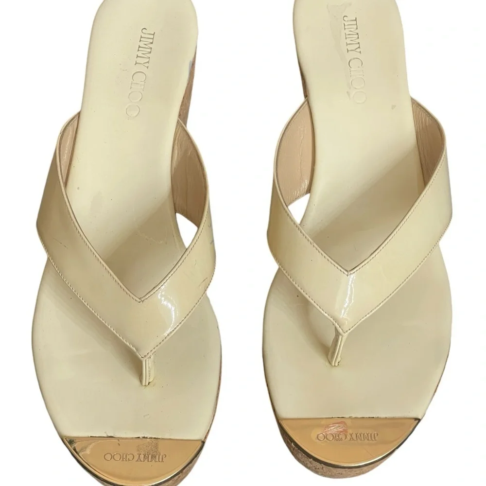 JIMMY CHOO Open Toe Platform Wedge Sandals Leather‎ Cork Size 7/ 37